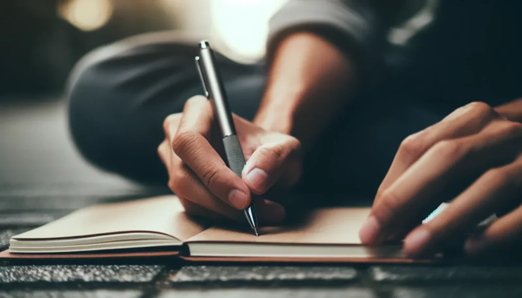 A hand writing in a notebook on the ground