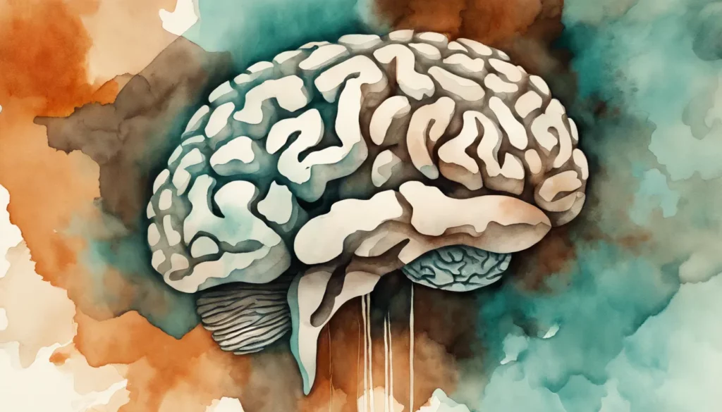 Aquarelle d'un cerveau humain, tons bleu-vert et terre de Sienne