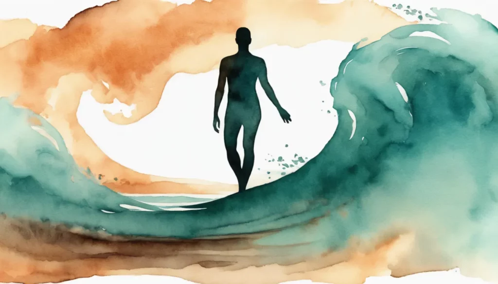 Aquarelle d'une silhouette traversant un paysage abstrait