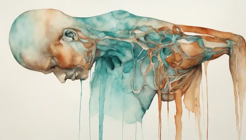 Aquarelle d'un torse humain, la tête regardant son propre corps