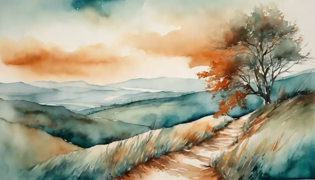 Aquarelle d'un paysage de collines traversé par un chemin